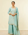 alt message - Mohey Women Light Blue Bel Buti Jaal Patterned Palazzo Suit image number 0